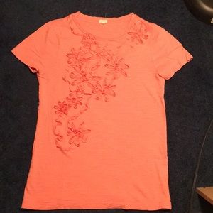J. Crew coral SS T-shirt with floral appliqué